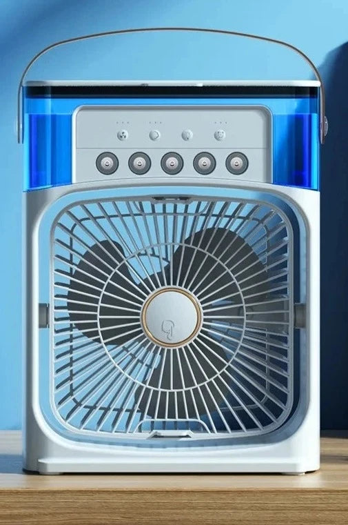 Ventilador  con deposito para añadir  agua y hielo  enfria el aire en segundos